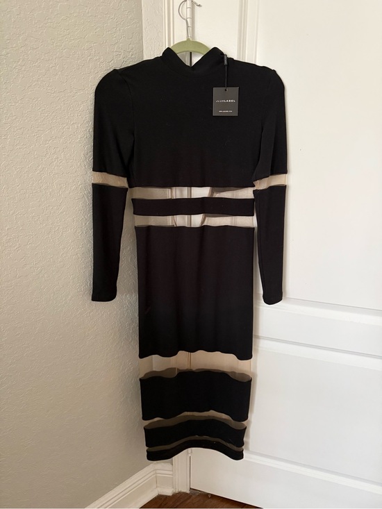 JLUXLABEL Dresses & Skirts - JLUXLABEL Black & Beige Long-Sleeve Sheer-Striped Midi Dress NEW WITH TAGS
